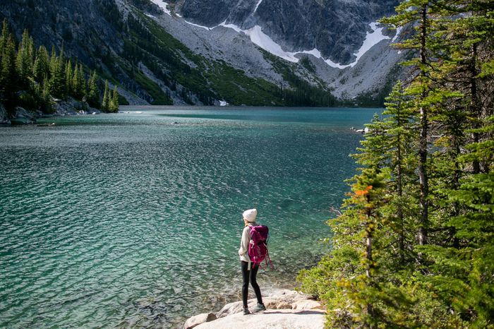Woman hiking at lake