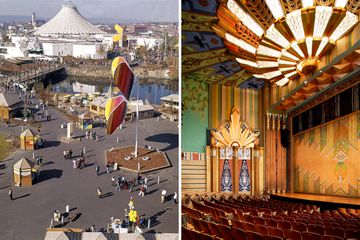 A pair of photos one showing a world's fair and the other a theater interior. 