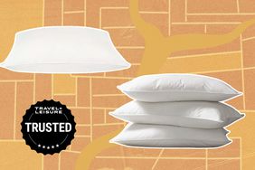 Collage of pillows we recommend on an orange background