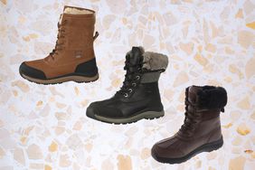 Three pairs of winter boots on a patterned background. 