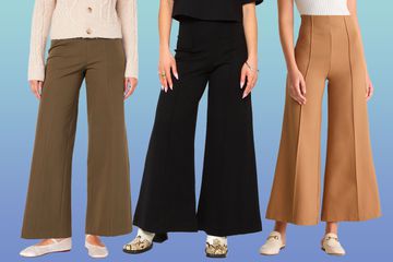 Collage of three pairs of Ponte Knit Perfect Pant in different colors over a blue background