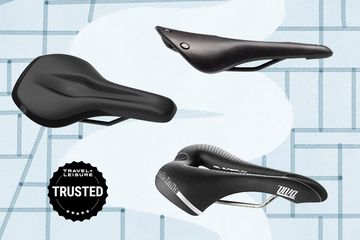 Collage of comfortable bike seats we recommend on a blue background