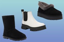 Collage of three UGG shoes at Nordstrom Rack over a blue background