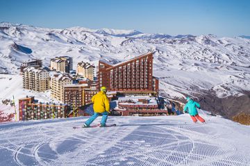 Skiers outside of Valle Nevado